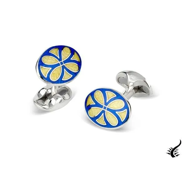Silver Cufflinks with Fancy Blue & Yellow Pattern