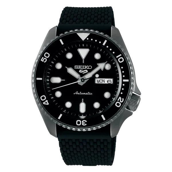 Seiko 5 Sports Black Dial Black Bezel PVD Case Silicone Strap