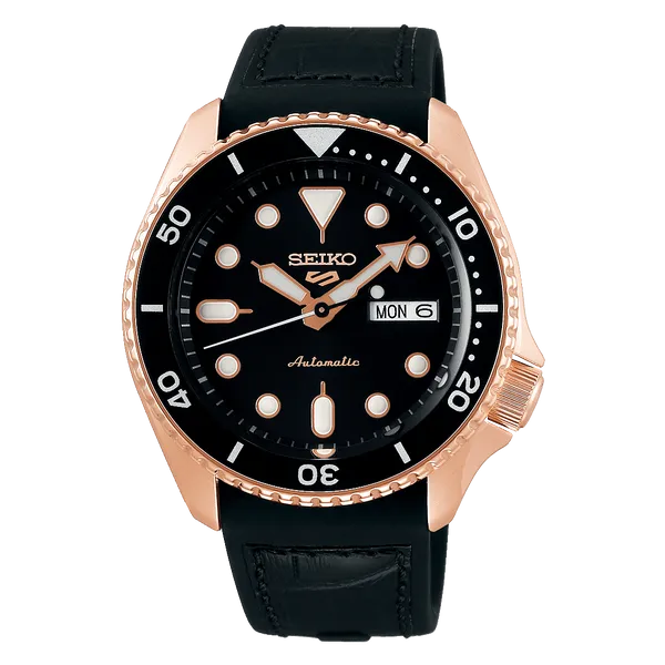 Seiko 5 Sports Black Dial Black Bezel Gold PVD Case