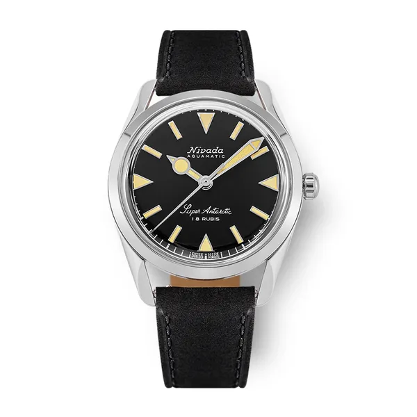 Nivada Grenchen Super Antarctic 35mm, No Date, Black Leather, Beige Lume