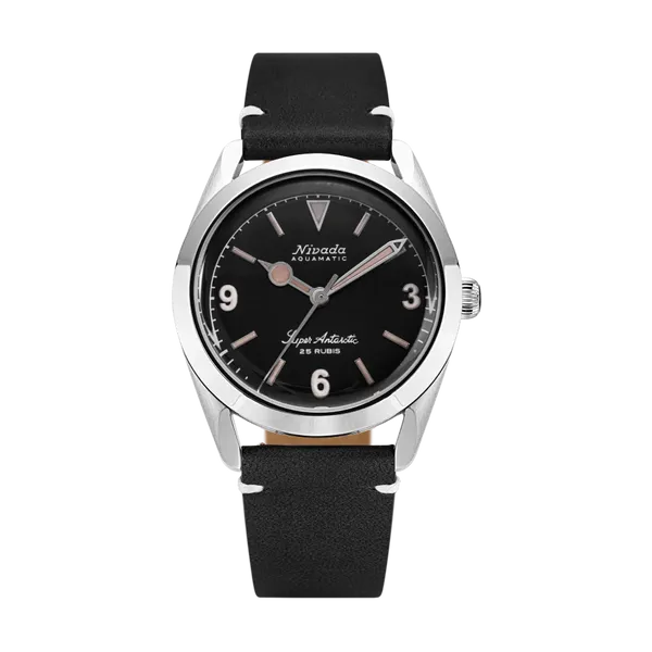 Nivada Grenchen Super Antarctic 3.6.9, Black Dial, Black Leather White Stitching