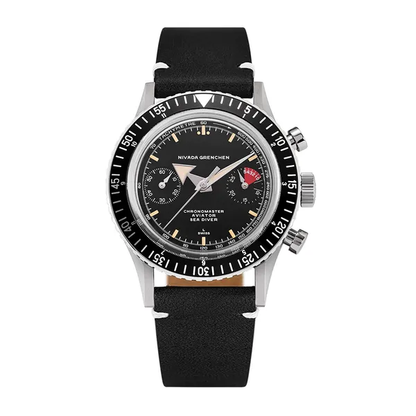 Nivada Grenchen Chronomaster Broad Arrow, Black Leather White Stitching, Stainless Steel Back