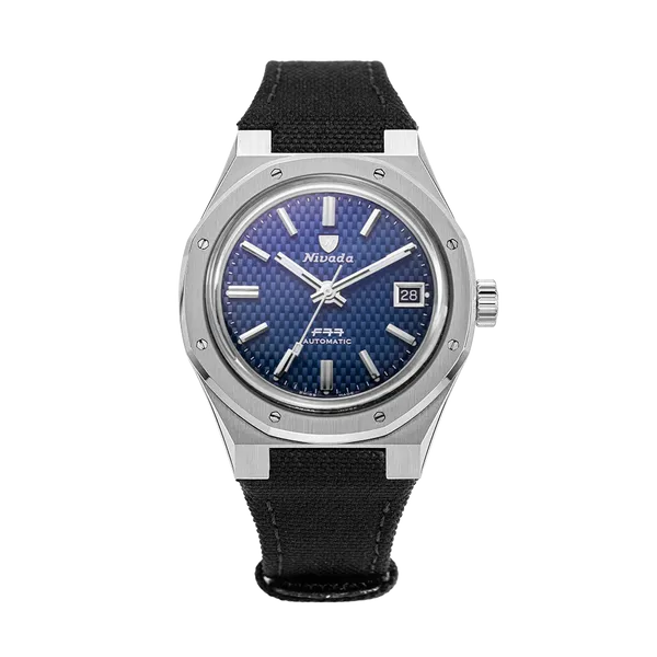 Nivada Grenchen F77, Date, Canvas Velcro Strap, Blue Dial
