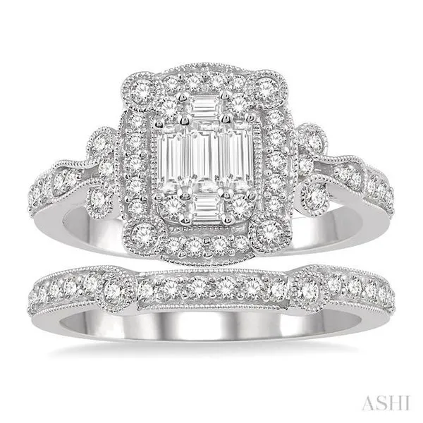 1 ctw Diamond Wedding Set With 3/4 ctw Round Cut & Baguette Diamond Engagement Ring and 1/5 ctw Wedding Band in 14K White Gold Image 2 Becker's Jewelers Burlington, IA