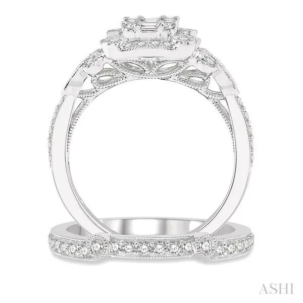 1 ctw Diamond Wedding Set With 3/4 ctw Round Cut & Baguette Diamond Engagement Ring and 1/5 ctw Wedding Band in 14K White Gold Image 3 Becker's Jewelers Burlington, IA