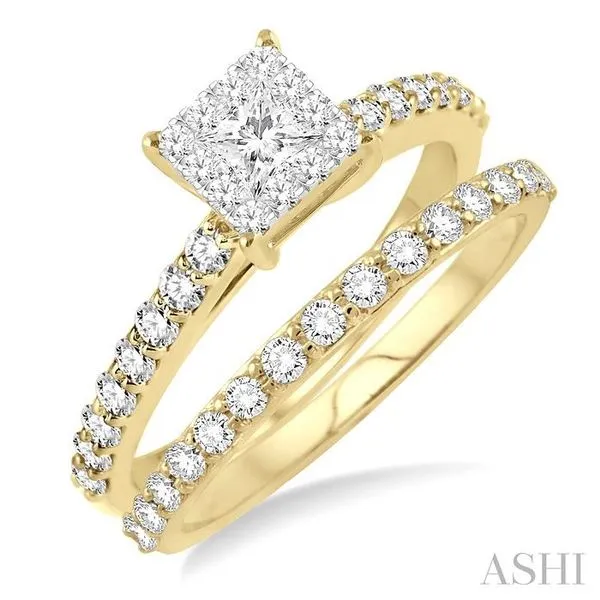 7/8 Ctw Diamond Lovebright Wedding Set with 1/2 Ctw Round and Princess Cut Engagement Ring and 1/3 Ctw Wedding Band in 14K Yello Becker's Jewelers Burlington, IA