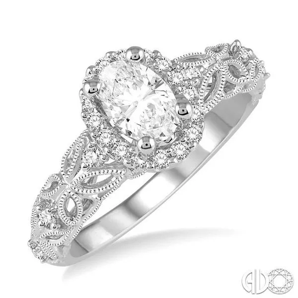 1/3 Ctw Round Diamond Oval Halo Vintage Inspired Semi-Mount Engagement Ring in 14K White Gold Becker's Jewelers Burlington, IA