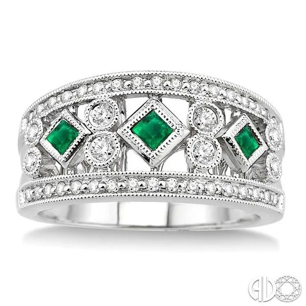 3/8 Ctw Round Cut Diamond and 2.2mm & 2.4mm Princess Cut Emerald Fashion Band in 14K White Gold Image 2 Becker's Jewelers Burlington, IA