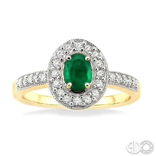 6x4mm Oval Cut Emerald and 1/4 Ctw Round Cut Diamond Ring in 14K Yellow Gold Image 2 Becker's Jewelers Burlington, IA