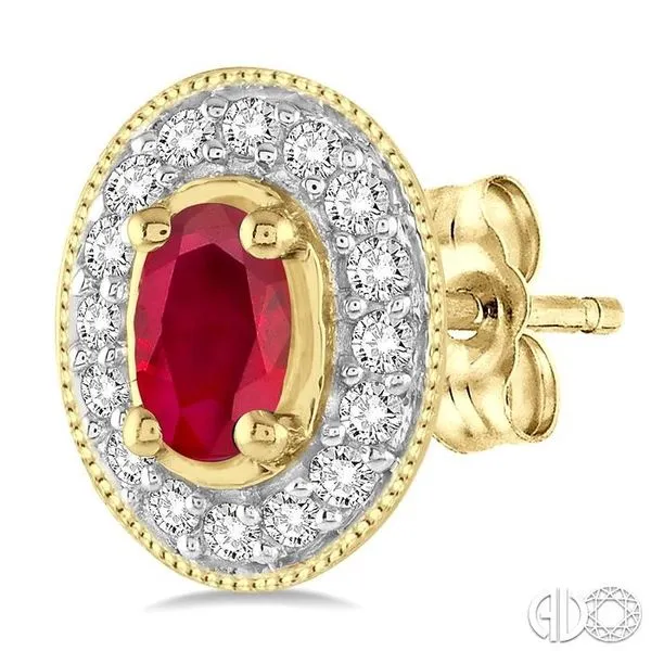 5x3mm Oval Cut Ruby and 1/4 Ctw Round Cut Diamond Earrings in 14K Yellow Gold Image 3 Becker's Jewelers Burlington, IA