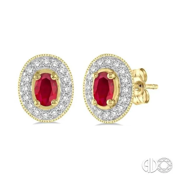 5x3mm Oval Cut Ruby and 1/4 Ctw Round Cut Diamond Earrings in 14K Yellow Gold Becker's Jewelers Burlington, IA