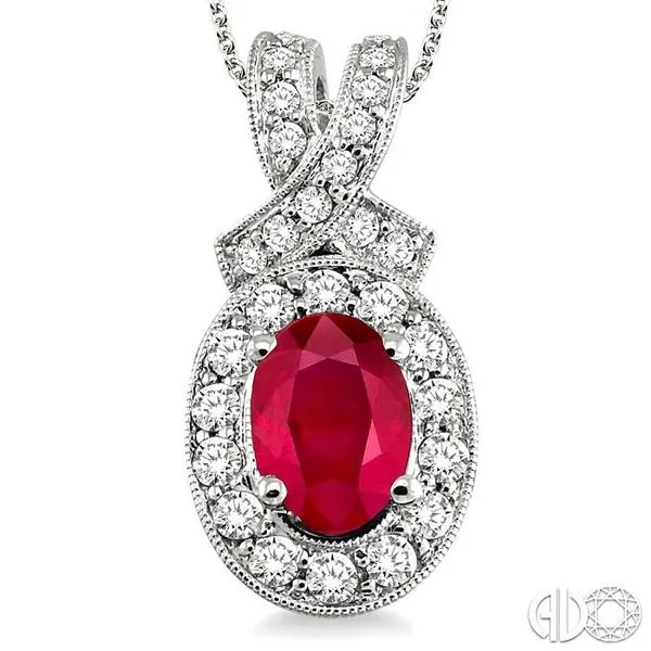 7x5mm Oval Cut Ruby and 5/8 Ctw Round Cut Diamond Pendant in 14K White Gold with chain Image 3 Becker's Jewelers Burlington, IA