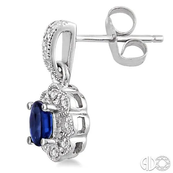 5x3mm Oval Cut Sapphire and 1/10 Ctw Single Cut Diamond Earrings in 14K White Gold Image 3 Becker's Jewelers Burlington, IA