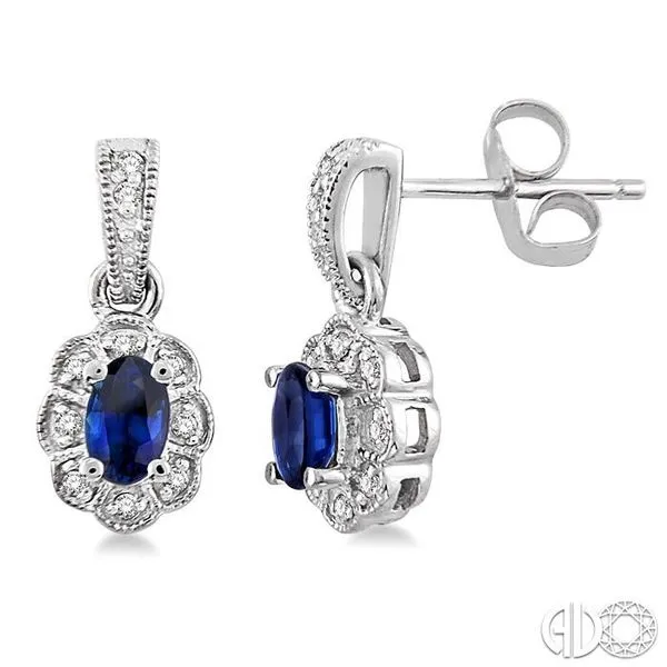 5x3mm Oval Cut Sapphire and 1/10 Ctw Single Cut Diamond Earrings in 14K White Gold Becker's Jewelers Burlington, IA