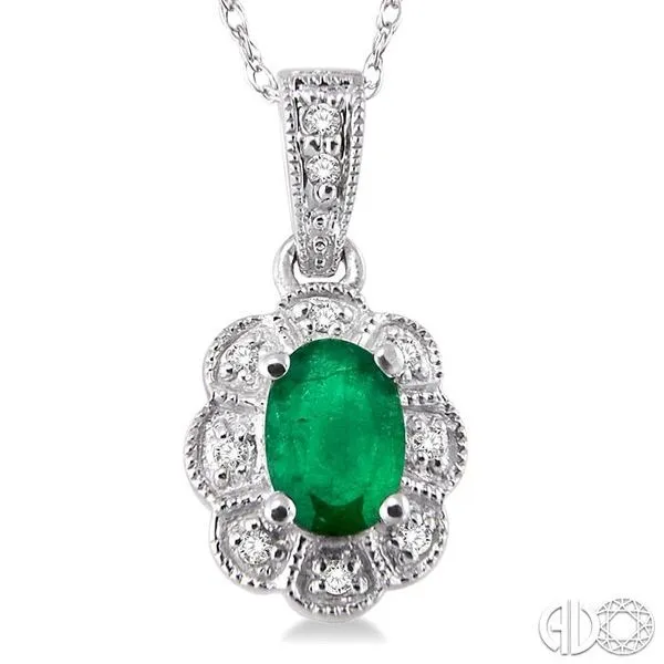 6x4mm Oval Cut Emerald and 1/20 Ctw Single Cut Diamond Pendant in 14K White Gold with Chain Image 3 Becker's Jewelers Burlington, IA