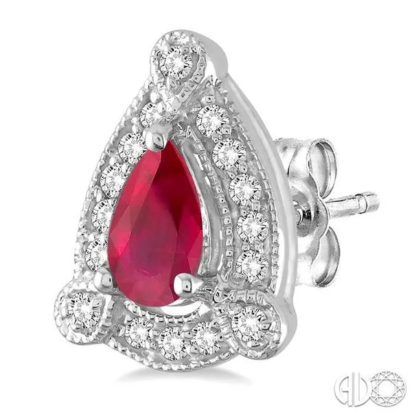 5x3 mm Pear Shape Ruby and 1/6 Ctw Round Cut Diamond Earrings in 14K White Gold Image 3 Becker's Jewelers Burlington, IA