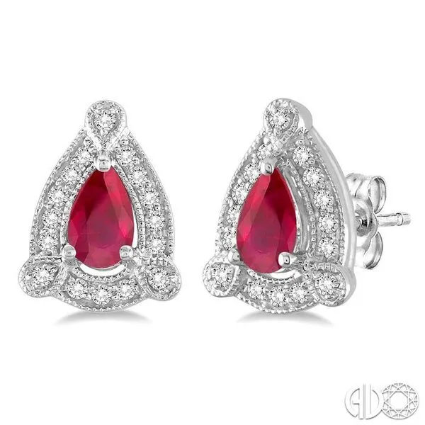 5x3 mm Pear Shape Ruby and 1/6 Ctw Round Cut Diamond Earrings in 14K White Gold Becker's Jewelers Burlington, IA