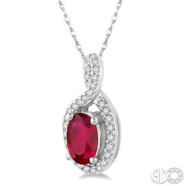 6x4 MM Oval Cut Ruby and 1/10 Ctw Round Cut Diamond Pendant in 14K White Gold with Chain Image 2 Becker's Jewelers Burlington, IA