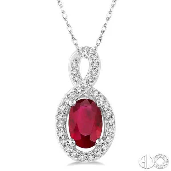 6x4 MM Oval Cut Ruby and 1/10 Ctw Round Cut Diamond Pendant in 14K White Gold with Chain Becker's Jewelers Burlington, IA