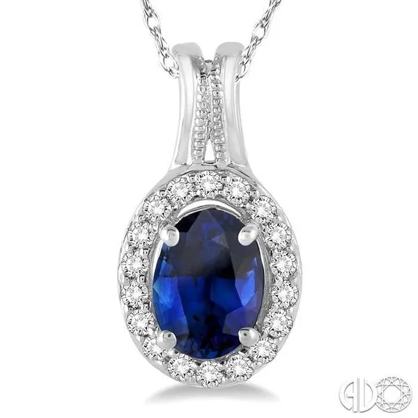 7x5 MM Oval Shape Sapphire and 1/6 Ctw Round Cut Diamond Pendant in 14K White Gold with Chain Image 3 Becker's Jewelers Burlington, IA