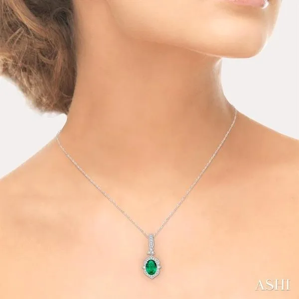 6x4 MM Oval Shape Emerald and 1/5 Ctw Diamond Pendant in 14K White Gold with Chain Image 4 Becker's Jewelers Burlington, IA