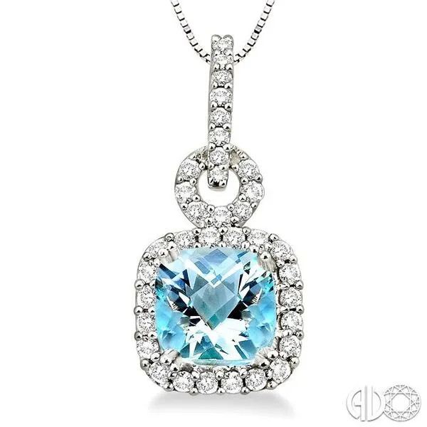 7mm Cushion Cut Aquamarine and 3/8 Ctw Round Cut Diamond Pendant in 14K White Gold with Chain Image 3 Becker's Jewelers Burlington, IA