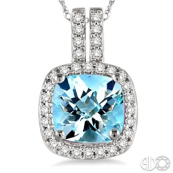 7x7 mm Cushion Cut Aquamarine and 1/5 Ctw Round Cut Diamond Pendant in 14K White Gold with Chain Image 3 Becker's Jewelers Burlington, IA