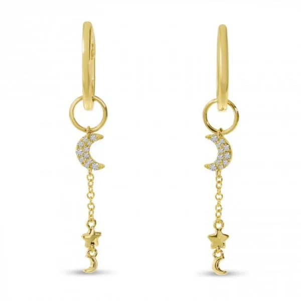 14K Yellow Gold Diamond Moon and Stars Dangle Hoop Earrings