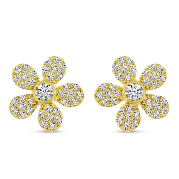 14K Yellow Gold Diamond Pave Flower Stud Earrings