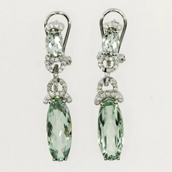 14K White Gold Pear Smoky Topaz and Diamond Dangle Omega Earrings