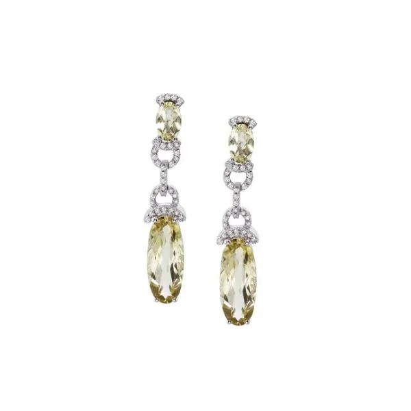 14K White Gold Oval Green Amethyst and Diamond Dangle Omega Earrings