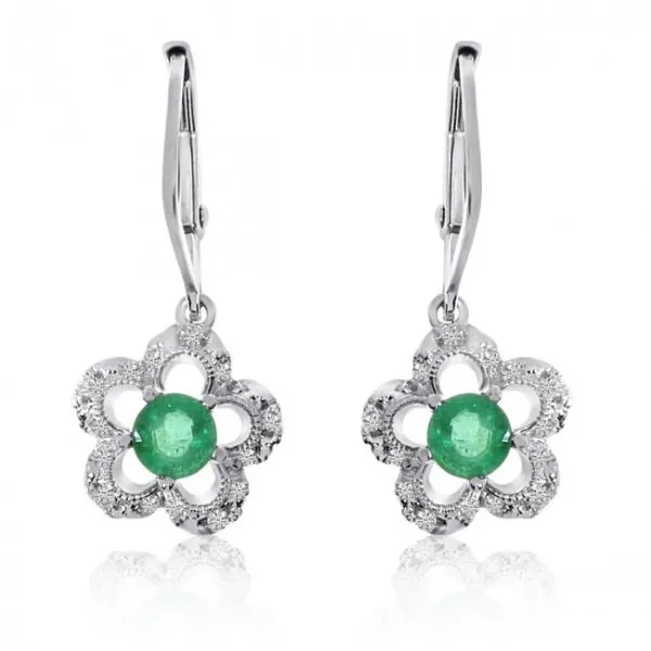 14K White Gold Precious Round Rubies and Diamonds Triangle Earrings