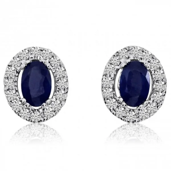 14K White Gold 6x4 mm Oval Ruby and Diamond Halo Precious Earrings