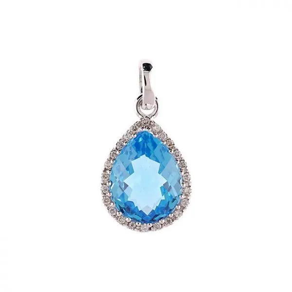 14K White Gold 9x11 mm Pear Blue Topaz and Diamond Pendant
