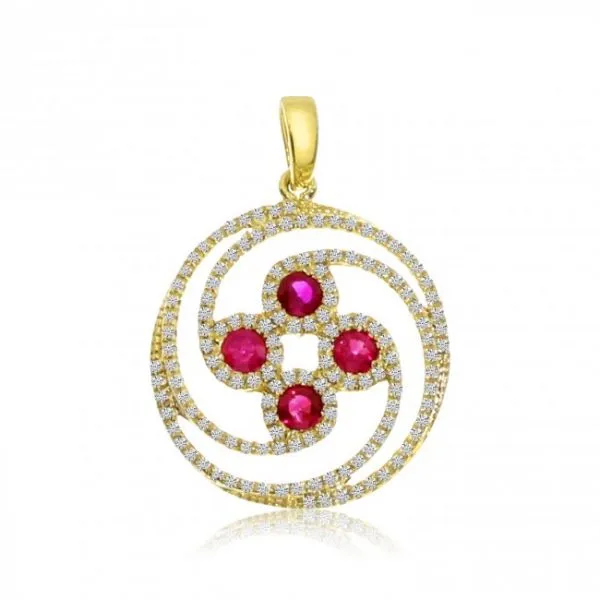 14K Yellow Gold Four Round Rubies and Diamond Swirl Circle Precious Pendant