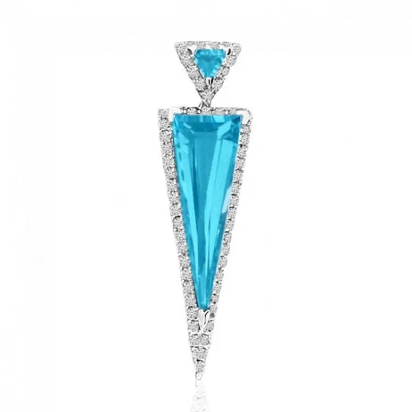 14K White Gold Double Triangle Semi Precious Blue Topaz and Diamond Fashion Pend