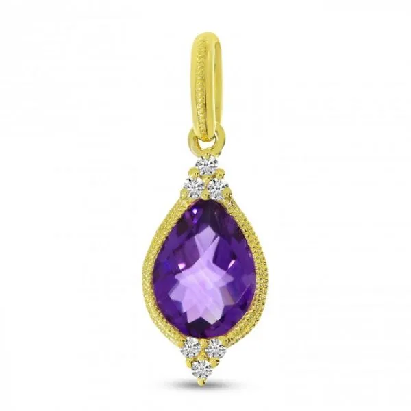 14K Yellow Gold Pear Amethyst and diamond Semi Precious Pendant
