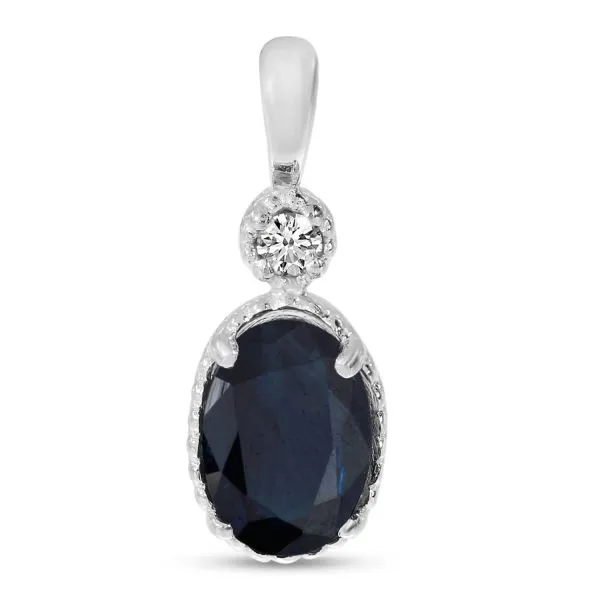 14K White Gold Oval Sapphire Millgrain Birthstone Pendant