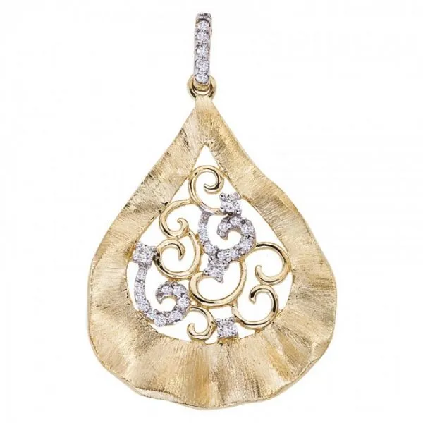 14K Brushed Yellow Gold Pear Shape Pendant With .19 Ct Diamond Accents