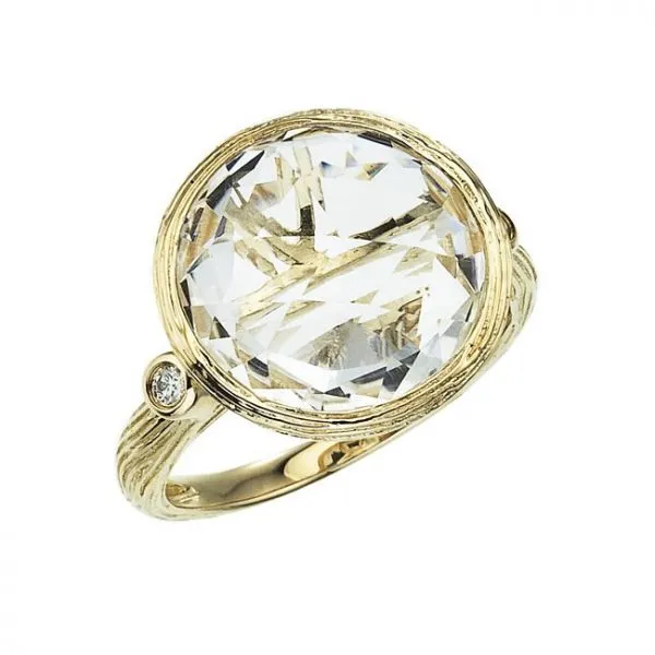 14K Yellow Gold 12 mm Round White Topaz Byzantine Ring