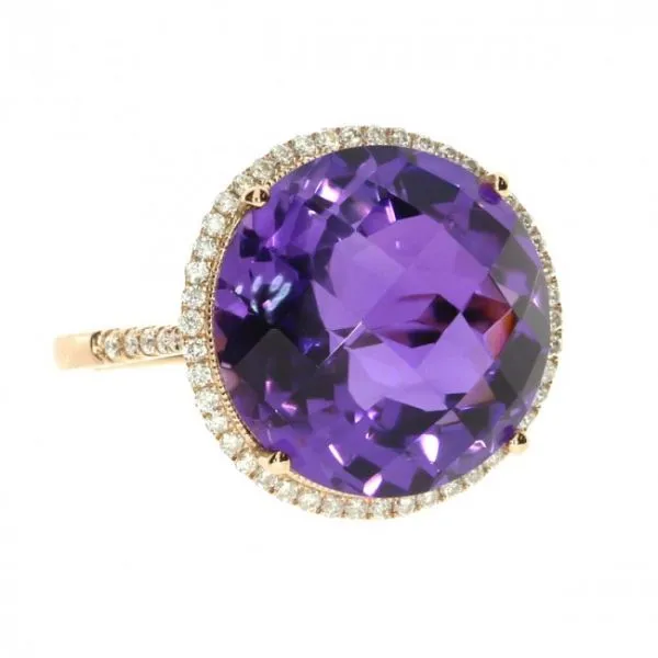 14K Rose Gold 17mm Round Amethyst and Diamond Semi Precious Round Fashion Ring
