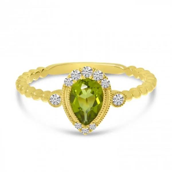 14K Yellow Gold Pear Peridot and Diamond Beaded Band Semi Precious Ring