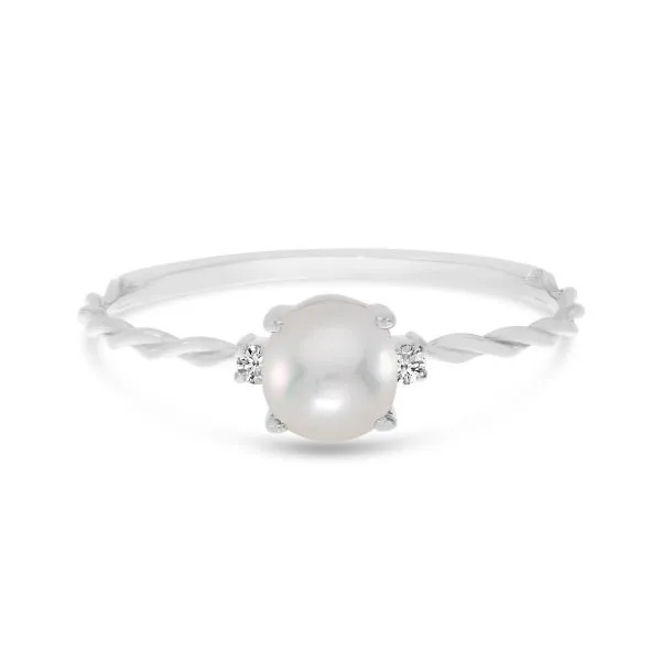 14K White Gold Oval Pearl Birthstone Twisted Band Ring