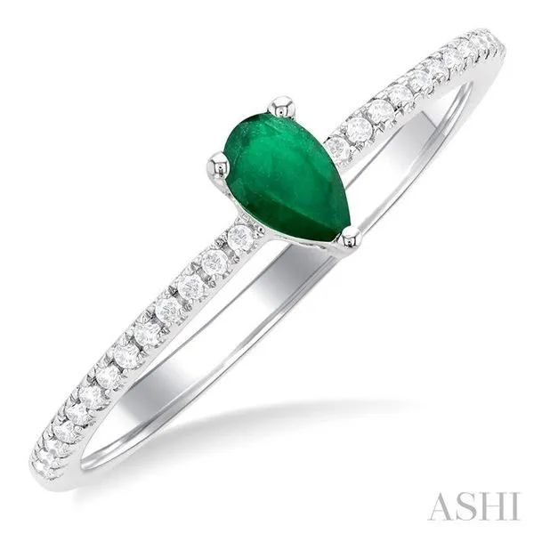 5x3 MM Pear Cut Emerald and 1/10 ctw Petite Round Cut Diamond Precious Fashion Ring in 10K White Gold Chandlee Jewelers Athens, GA