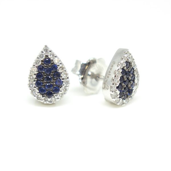 18k Pave Diamond & Sapphire Pear Stud Earrings Arezzo Jewelers Elmwood Park, IL