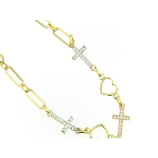 10k Gold Tri-Color CZ Cross & Heart Bracelet Arezzo Jewelers Elmwood Park, IL