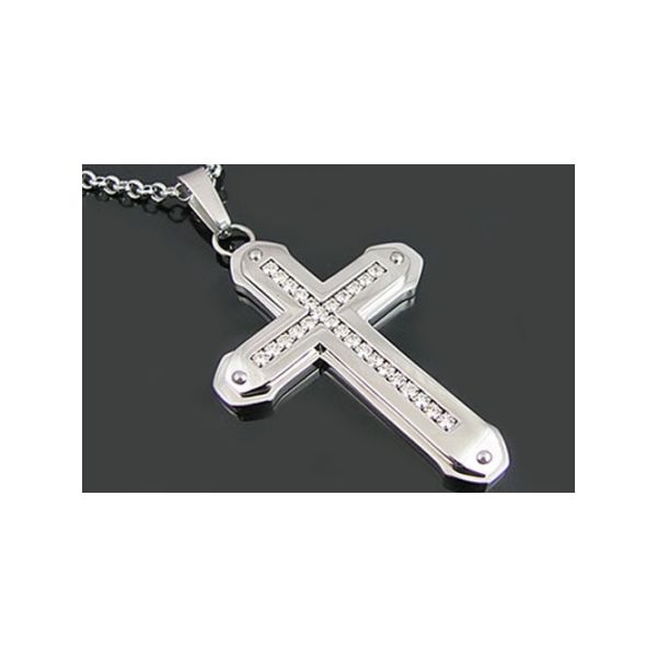 Stainless steel cross pendant with CZ's Image 2 Arezzo Jewelers Elmwood Park, IL