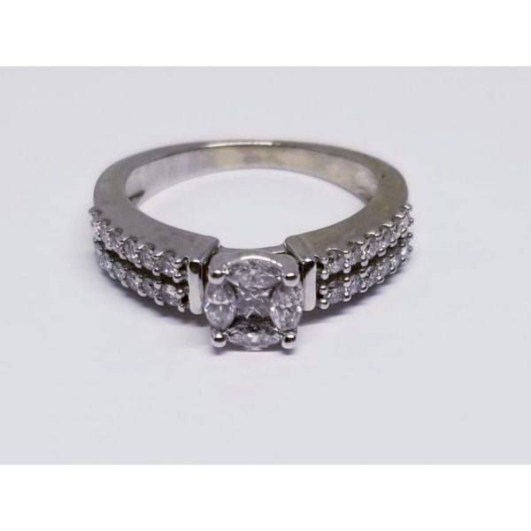 10K White Diamond Engagement Ring with 1 Princess Cut Diamond  0 .10 tw,  4 Marquise Diamonds  0.26 tw, and 24 Round Diamonds 0. Barnes Jewelers Goldsboro, NC