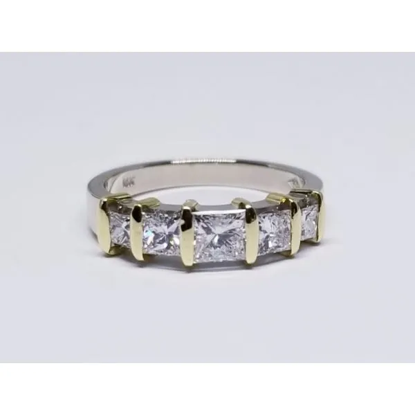 14K White Diamond Band/Ring with 18K Yellow Accents. 5 Princess Cut Diamonds. One= 0.40ct, 2=0.40 tw and 2=0.20 tw. Color G-H, C Barnes Jewelers Goldsboro, NC