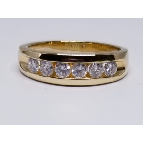 14K Yellow Diamond Wedding Band,  6.7mm,  with 6 Channel Set Diamonds 1.03 tdw. Color H-I, Clarity SI2,    Size 12 Barnes Jewelers Goldsboro, NC